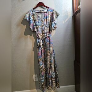 Blue and Pink Ruffled Tie Front Maxi Dress